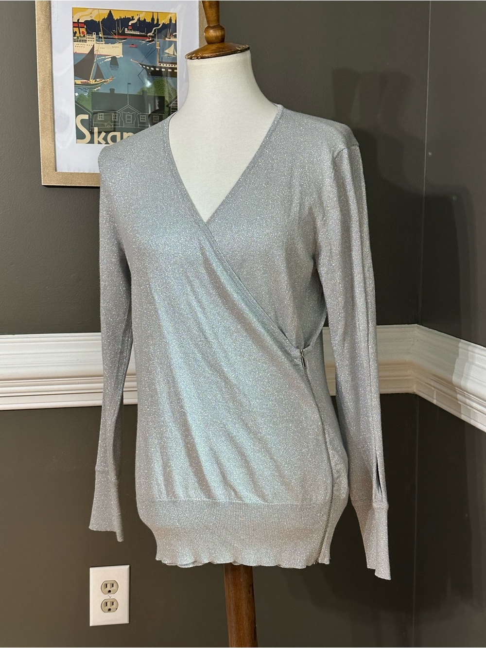 Vintage Y2K Cache Silver Shimmery V-Neck Wrap Sweater. Size large